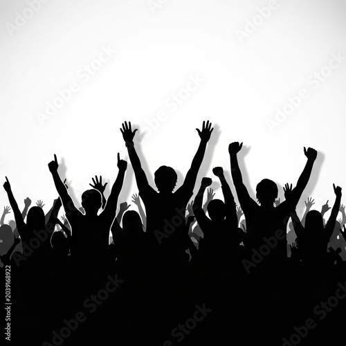 Concert Crowd Silhouettes Vector with Cheering Audience and Raised Hands Isolated on White Background
