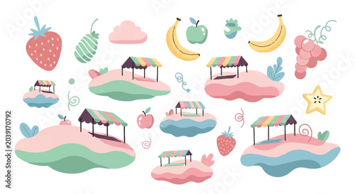 Foto Colorful illustration of fruit stands and various fruits