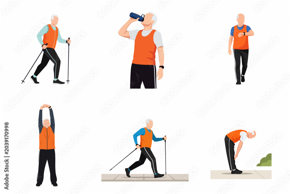 Fototapeta premium Set of elderly man character exercising, nordic walking, stretching and drinking water for healthy lifestyle concept