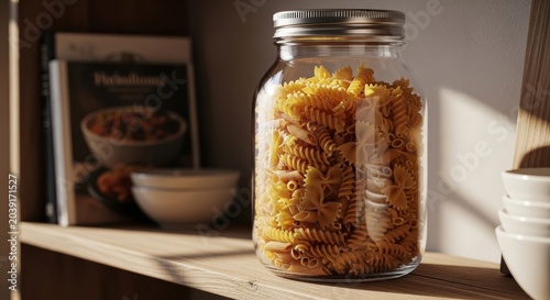 Cereal in a Glass Jar on a Warm Kitchen Shelf.