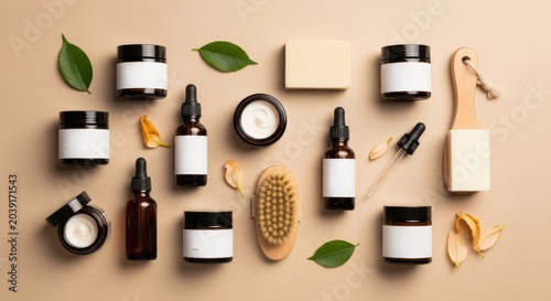 Flat lay assortment of skincare products with leaves and brushes.