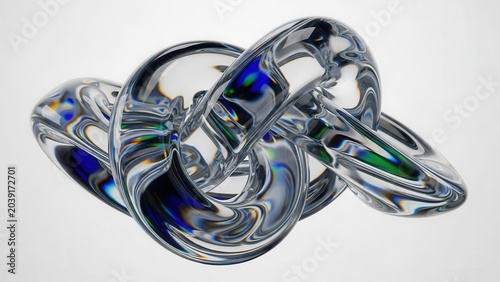 Intricate clear glass sculpture with swirling blue and green internal patterns, forming an abstract knot-like shape on a white background.
