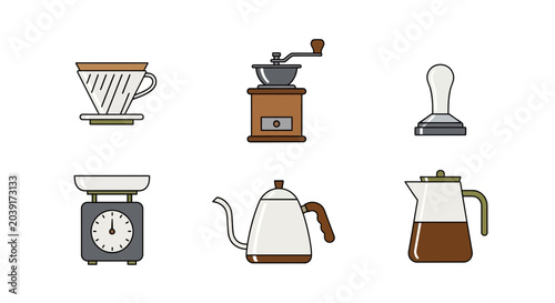 Foto Coffee Brewing Equipment Icon Set: Grinder, Dripper, Scale, Kettle, Tamper
