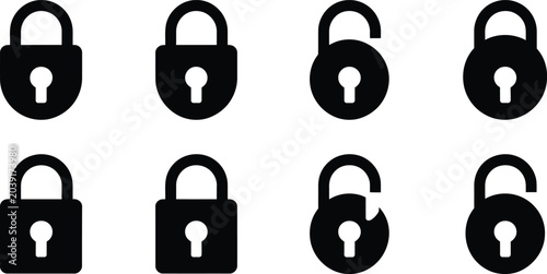 Photography padlock icon pack minimal monochrome lock and unlock glyphs