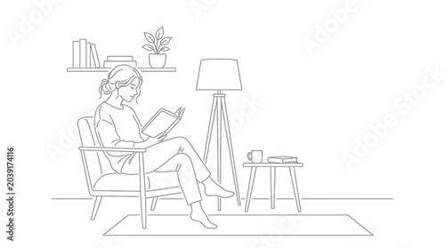 Obraz na płótnie A young woman relaxing in a comfortable armchair, engrossed in a book, with a la