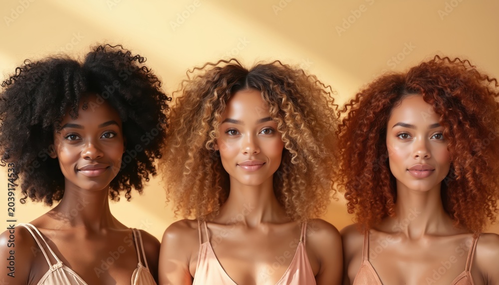 Fototapeta premium Three women with diverse curly hair textures and colors smile brightly. Their natural curls look healthy, shiny, and well-defined showcasing beautiful hair diversity and care.