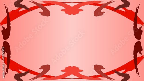 Vibrant crimson and earthy sienna brushwork frames a soft rose canvas offering an artistic