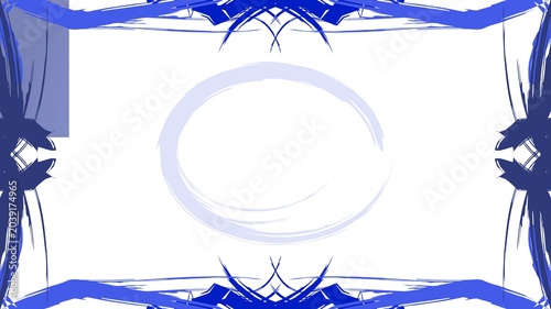 Vivid blue energetic brushstrokes forming an edgy frame around a tranquil light central oval