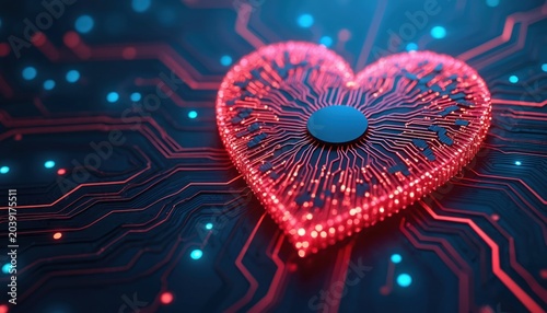 Digital heart with glowing red circuit lines on black background. Blue dots scattered across futuristic digital network. AI concept art, abstract technological theme, data flow visualization.
