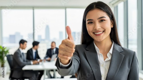 Businesswoman Thumbs Up: A confident businesswoman in a grey suit gives a thumbs-up gesture, smiling brightly at the camera, with a team of colleagues in the background in a modern office setting.