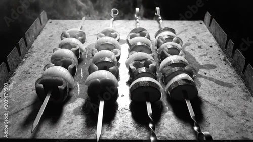 Black and White Overhead View of Grilled Vegetable Skewers on a Metal Cooking Surface, Smoke and Steam