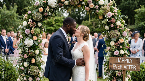Interracial Couple Kissing Under Floral Arch Wedding