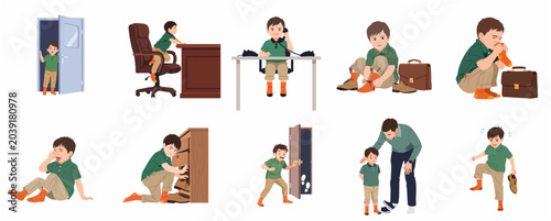 Foto Little boy imitating adult office life and pretending to work vector illustratio