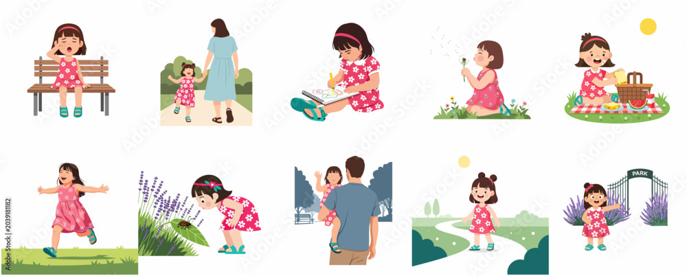 Fototapeta premium Collection of Flat Vector Illustrations of a Cute Little Girl's Activities and Family Moments in the Park