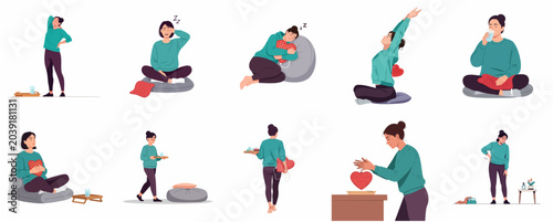 Canvastavla Illustration set of a young woman using a heart-shaped heating pad for back pain and menstrual cramp relief, practicing self-care, stretching, and resting at home