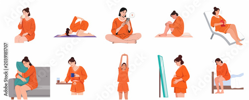 Foto Women's health and lifestyle illustration set with characters experiencing period pain, pregnancy, morning routine, and emotional distress