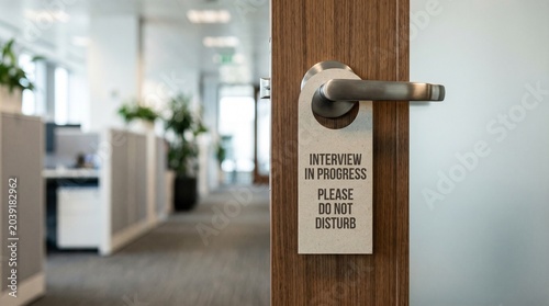 Close-up of interview in progress sign hanging on wooden door handle in corporate office