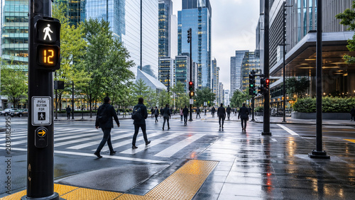 People walk on a city street with tall buildings around. Traffic signals show green and red lights. The ground is wet from rain. It is daytime with cloudy skies.