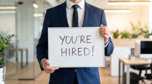 Businessman holding white board with text You're Hired in bright modern office
