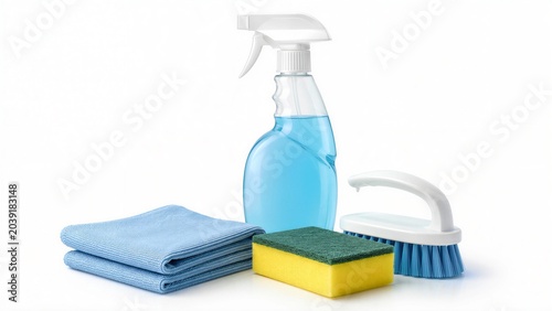Cleaning supplies laid out neatly, including a spray bottle, cloth, sponge, and brush. These tools are ready for any cleaning task