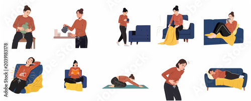 Fotografía Woman experiencing menstrual pain and various ways to relieve abdominal cramps illustration set, including hot water bottle, herbal tea, yoga, and rest for PMS relief