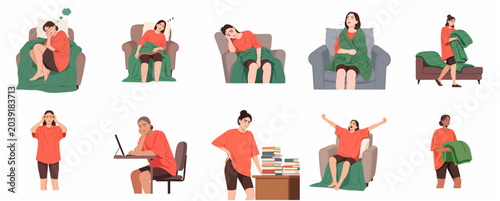 Tableau sur toile Exhausted woman character set showing symptoms of fatigue, burnout, and chronic