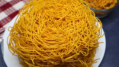 Crispy Karapoosa (Sev) Snack Top View | Traditional Indian Namkeen on Plate | Homemade Savory Food