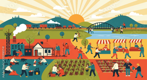 Tableau sur toile Community illustration depicting daily life activities and interactions