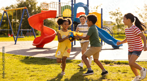 Happy Children Playing at Colorful Playground (Diverse Kids)