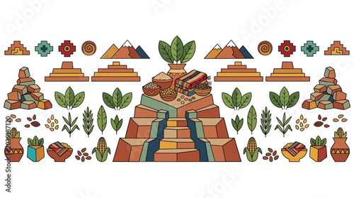 Ancient Aztec Pyramid with Offerings and Tribal Patterns