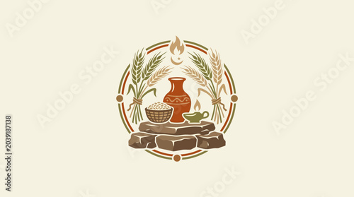 Ancient Harvest Ritual Symbol: Wheat, Pottery, Oil Lamp, and Fire