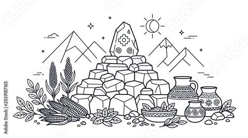 Ancient Inca Civilization Elements: Corn, Pottery, Mountains, Sun