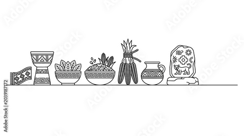 Bild auf Leinwand Ancient Maya Civilization Symbols: Food, Culture, Art, and History Line Art