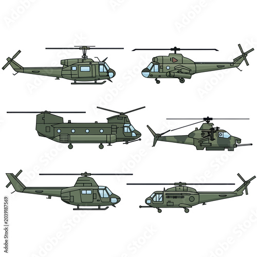 Tableau sur toile Collection of Military Helicopters, Vector Illustration, Pixel Art Style