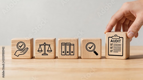 Audit compliance checklist represented by wooden blocks with icons for verification, legal balance, documentation, inspection, and final approval symbolizing thorough quality