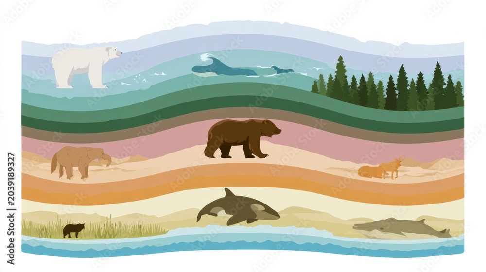 Naklejka premium This visual shows diverse habitats arctic, ocean, forest, desert, grassland, and freshwater, each in different colors.