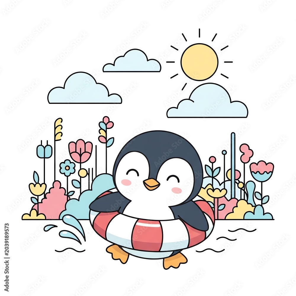 Naklejka premium Cute Penguin Enjoying a Sunny Day in a Garden.