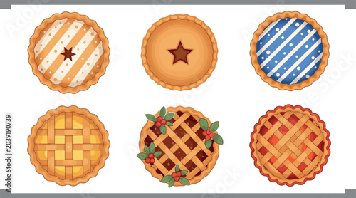Photos Pie Dessert Vector Set with Various Pastry Styles, Lattice Crust, Fruit Filling
