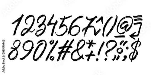 Collection of hand drawn number, common symbols and signs. Ink illustration. Isolated on white background. Hand drawn modern calligraphy. Brush calligraphy. Set of numbers written with a brush.