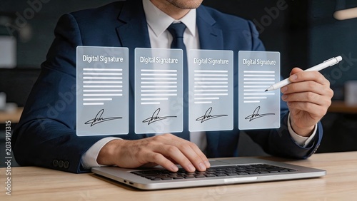 Businessman using digital signature technology on laptop, signing electronic documents with holographic interface, modern paperless office workflow concept, secure online contract