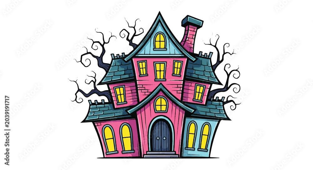 Naklejka premium Spooky Haunted House Illustration with Twisted Trees.