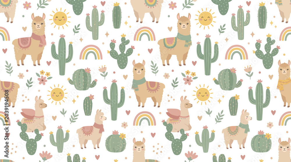 Naklejka premium Cute Llama and Cactus Pattern, Children's Vector Art, Seamless Background