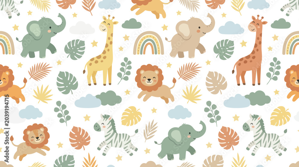 Obraz premium Cute Cartoon Safari Animals Seamless Pattern. Flat Illustration for Baby Kids Nursery Decor with Elephants, Giraffes, Lions, Zebras.