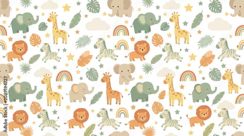 Obraz premium Cute Safari Animals Seamless Pattern - Giraffes, Lions, Elephants, Zebras - Flat Vector Art