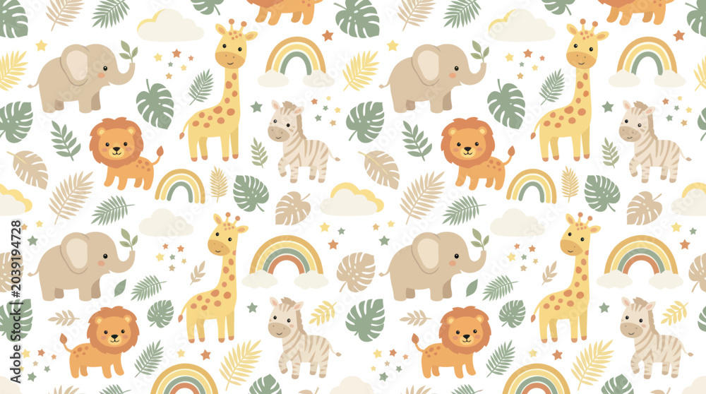 Obraz premium Cute Safari Animals Seamless Pattern. Flat Vector Illustration for Baby Nursery, Kids Textiles, and Jungle Theme.