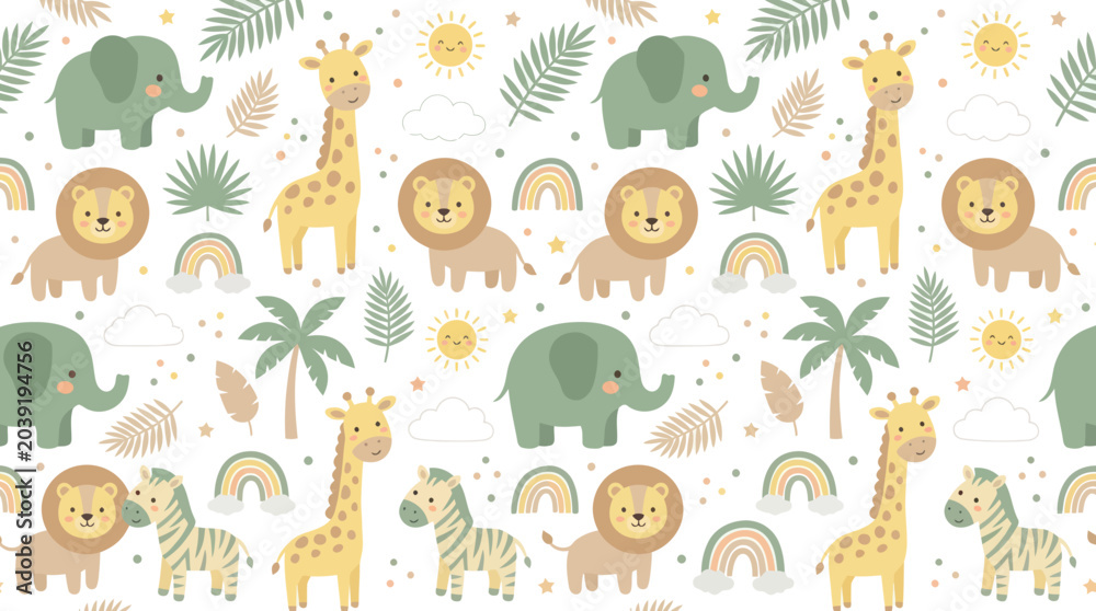 Obraz premium Cute Baby Safari Animals Seamless Pattern. Flat Cartoon Vector Illustration for Nursery, Kids Fabric Wallpaper