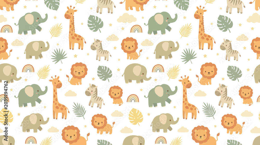 Obraz premium Cute Cartoon Safari Animals Seamless Pattern. Baby Elephant, Giraffe, Lion, Zebra Nursery Flat Illustration.
