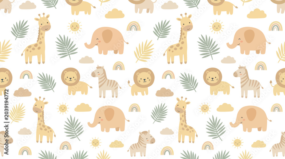 Obraz premium Cute Baby Safari Animals Seamless Pattern. Flat Cartoon Nursery Background Vector with Giraffe, Elephant, Lion, Zebra.