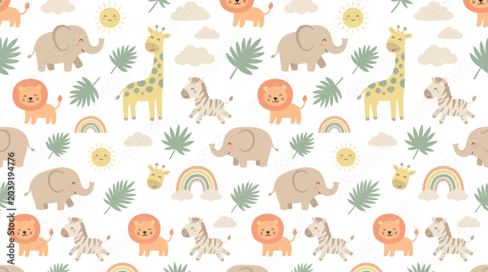 Obraz premium Cute Cartoon Safari Animals Seamless Pattern for Children's Nursery Decor - Flat Vector Illustration