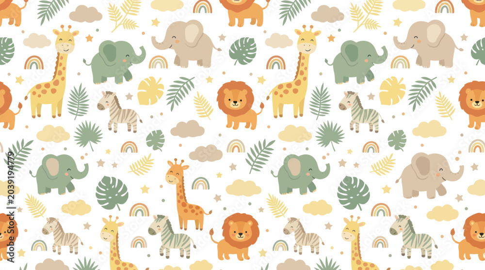 Fototapeta premium Cute Safari Animals Seamless Pattern, Flat Vector Art
